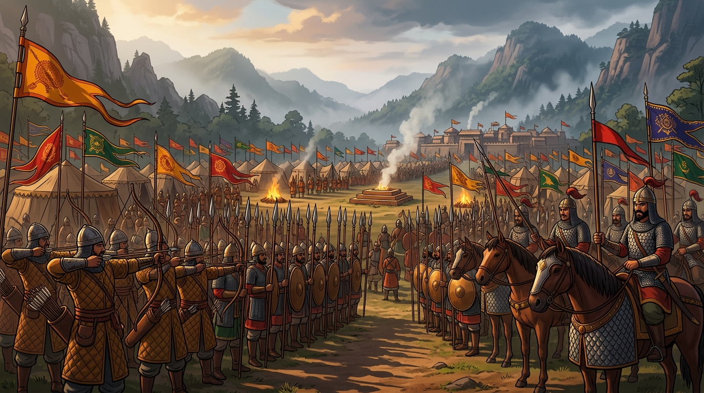 Heavy infantry and cavalry: Battalions of veteran archers from Anga, cavalry from Shravasti, and spear phalanxes