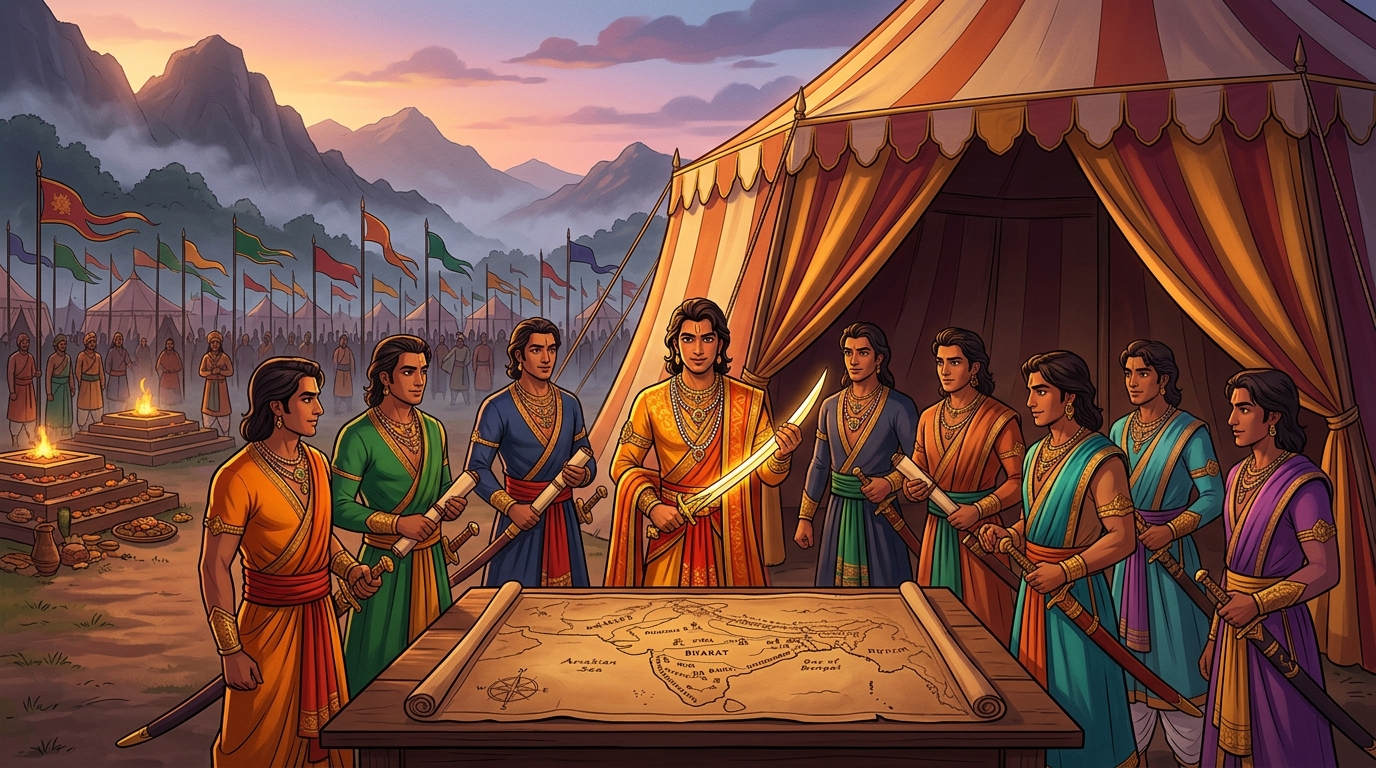 Imperial war tent: Crown Prince Rajavahana presides over large leather map surrounded by nine brothers