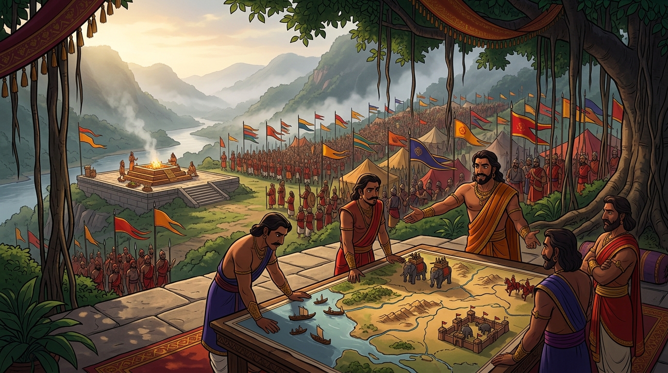 Strategic coordination: Rajavahana assigns river transport to Mitragupta, elephant vanguard to Mantragupta