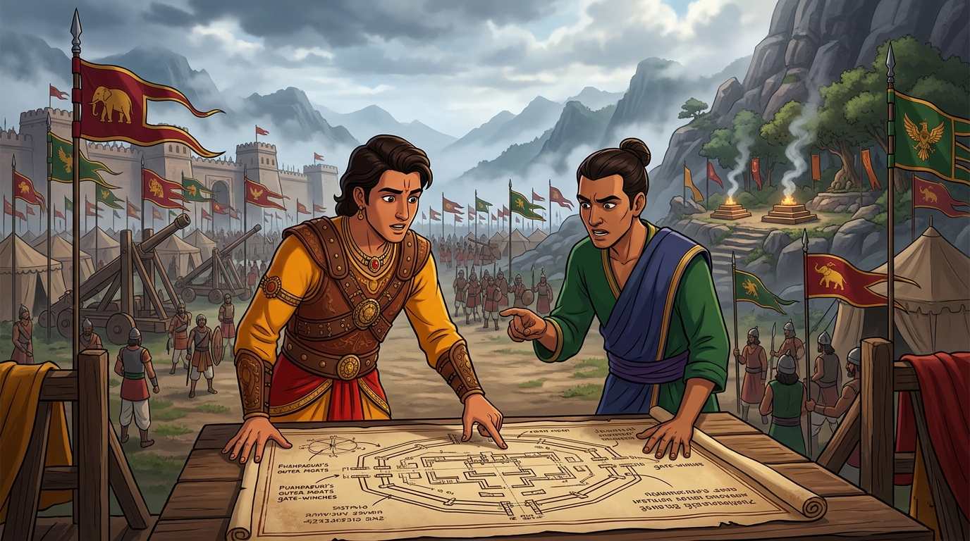Siege engineering: Prince Arthapala and Apaharavarman unroll plans to disarm outer moats and gate winches