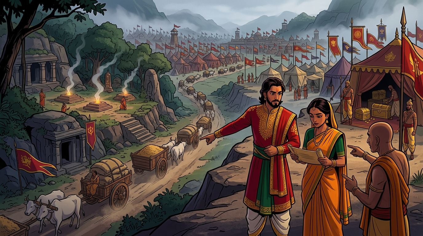 Economic supply lines: Prince Pushpodbhava and Somadatta confirming continuous grain caravans and medical tents