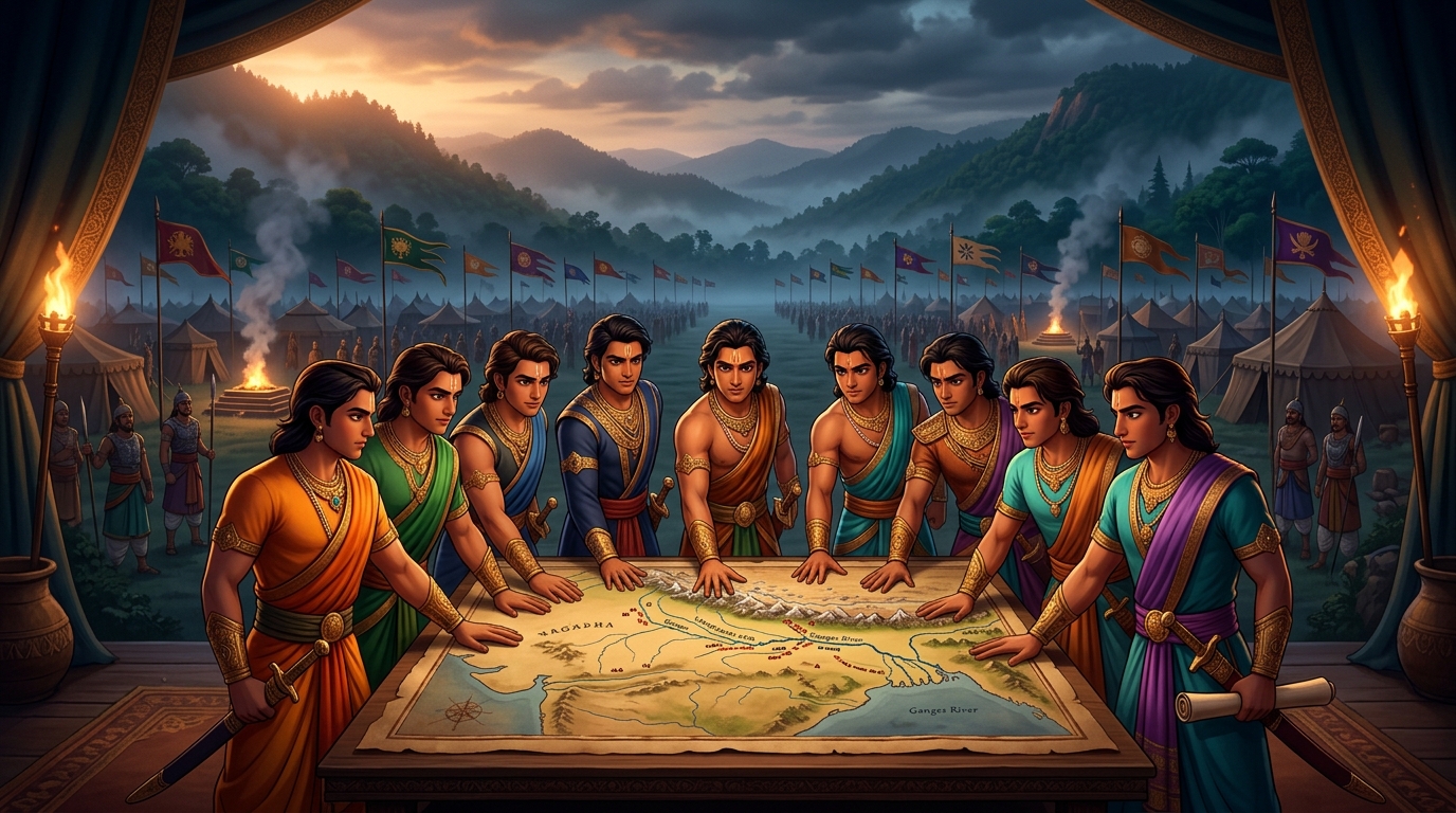 Unanimous resolve: All ten commanders place hands upon central map of Magadha sealing unified battle plan