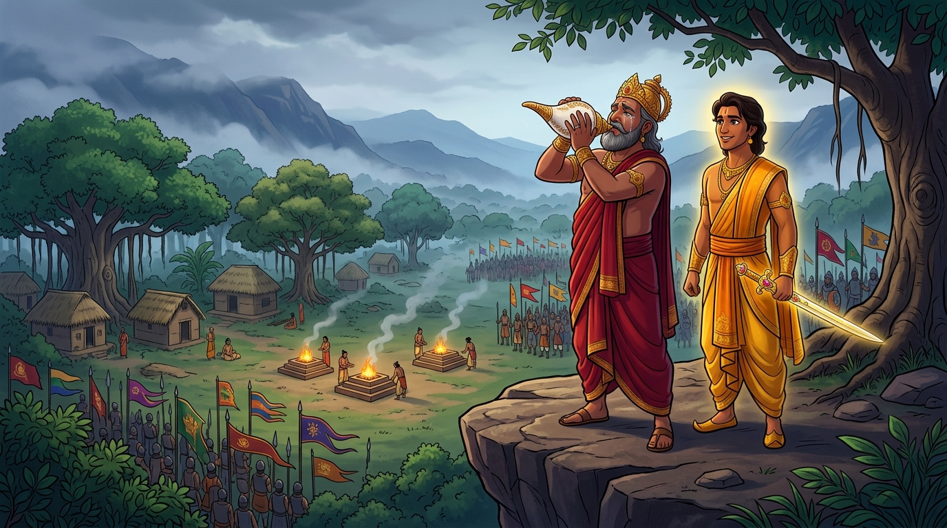 On a high promontory: King Rajahamsa blows sacred imperial victory conch echoing across mountain ranges