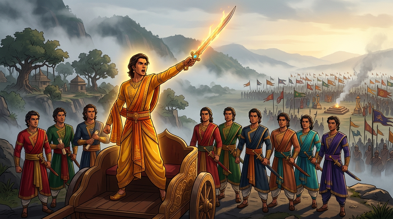 Crown Prince Rajavahana raises blazing Chintamani sword from war chariot shouting royal command