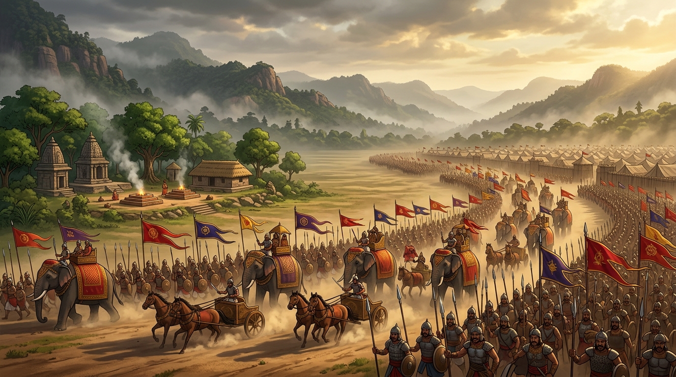 The colossal 200,000-strong grand army begins forward march banners waving and war drums booming