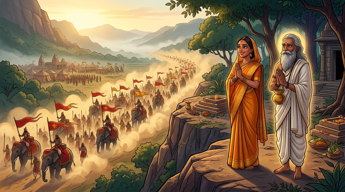 From hermitage heights: Queen Vasumati and Sage Vamadeva watch dust clouds of departing host with prayers