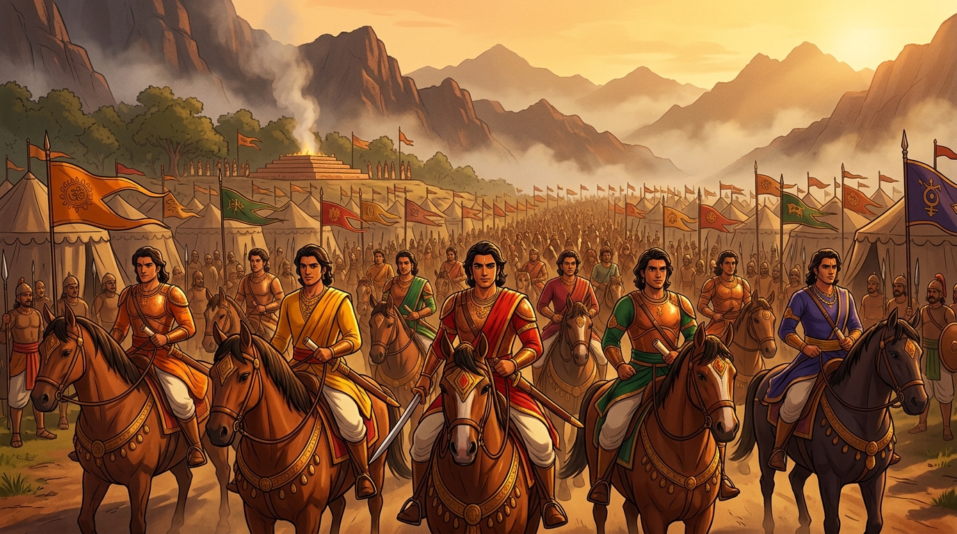 Tracking shot: The ten companion princes riding at the head of vanguard armor gleaming in afternoon sun