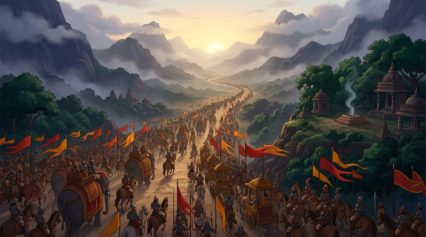 Magnificent closing shot: Imperial host stretches across horizon marching into dawn of final battle of liberation