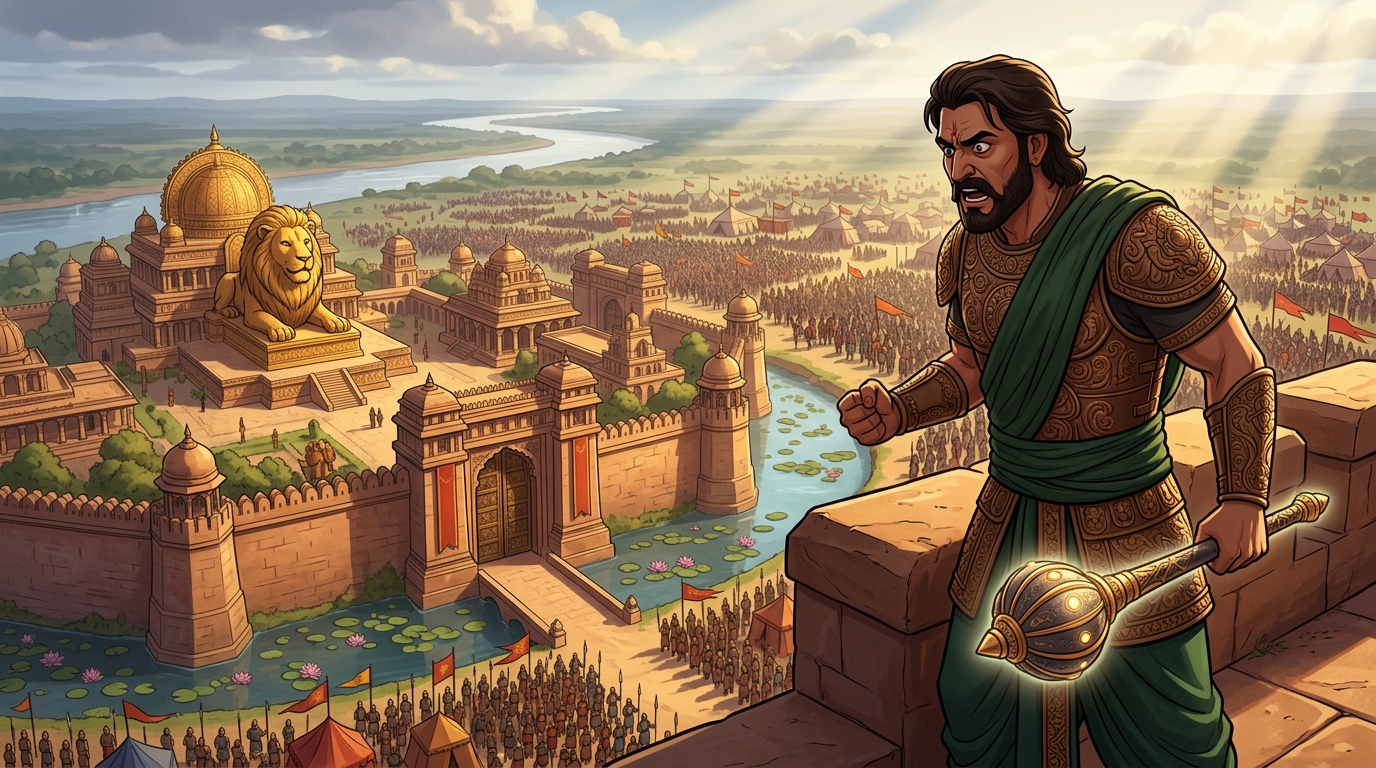 King Manasara of Malwa on battlements gazes down in shock and fury at the colossal allied host