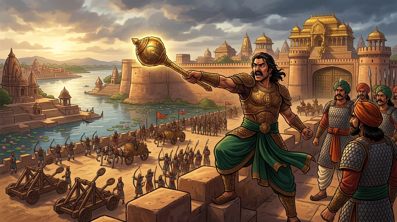 Manasara commands his generals to deploy all war chariots, archers, and catapult batteries