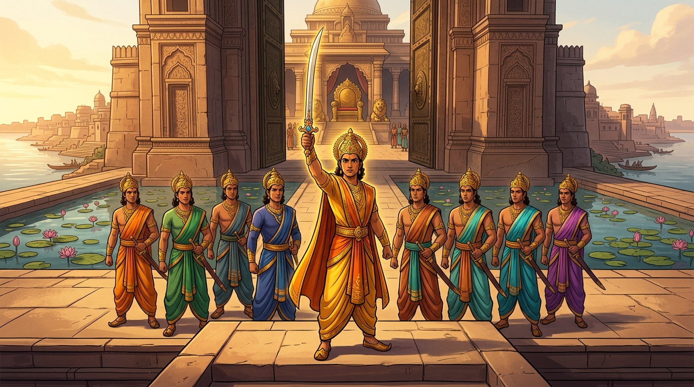 Crown Prince Rajavahana flanked by nine companion princes giving coordinated signal for assault