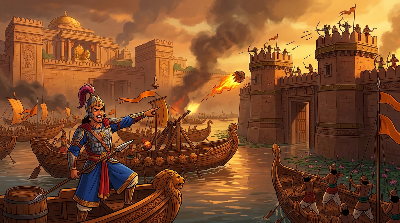 River assault: Prince Mitragupta leads war galleys launching flaming catapult stones