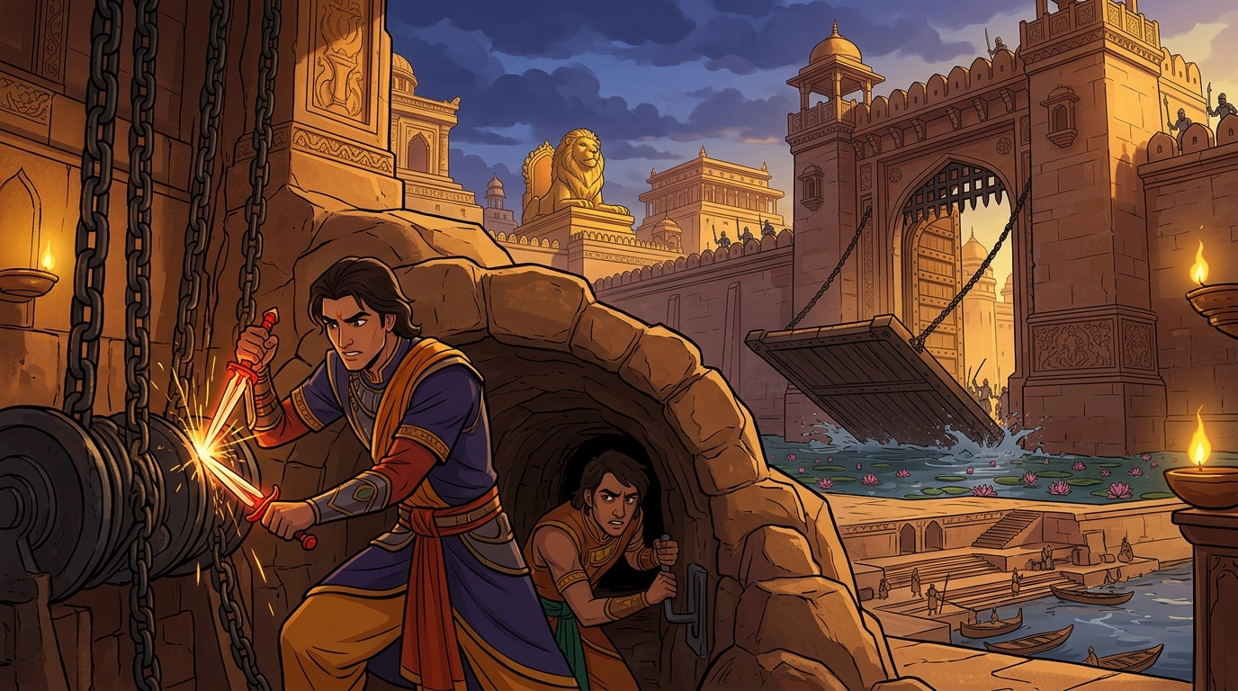 Covert breach: Princes Arthapala and Apaharavarman emerge from subterranean tunnel dropping drawbridge
