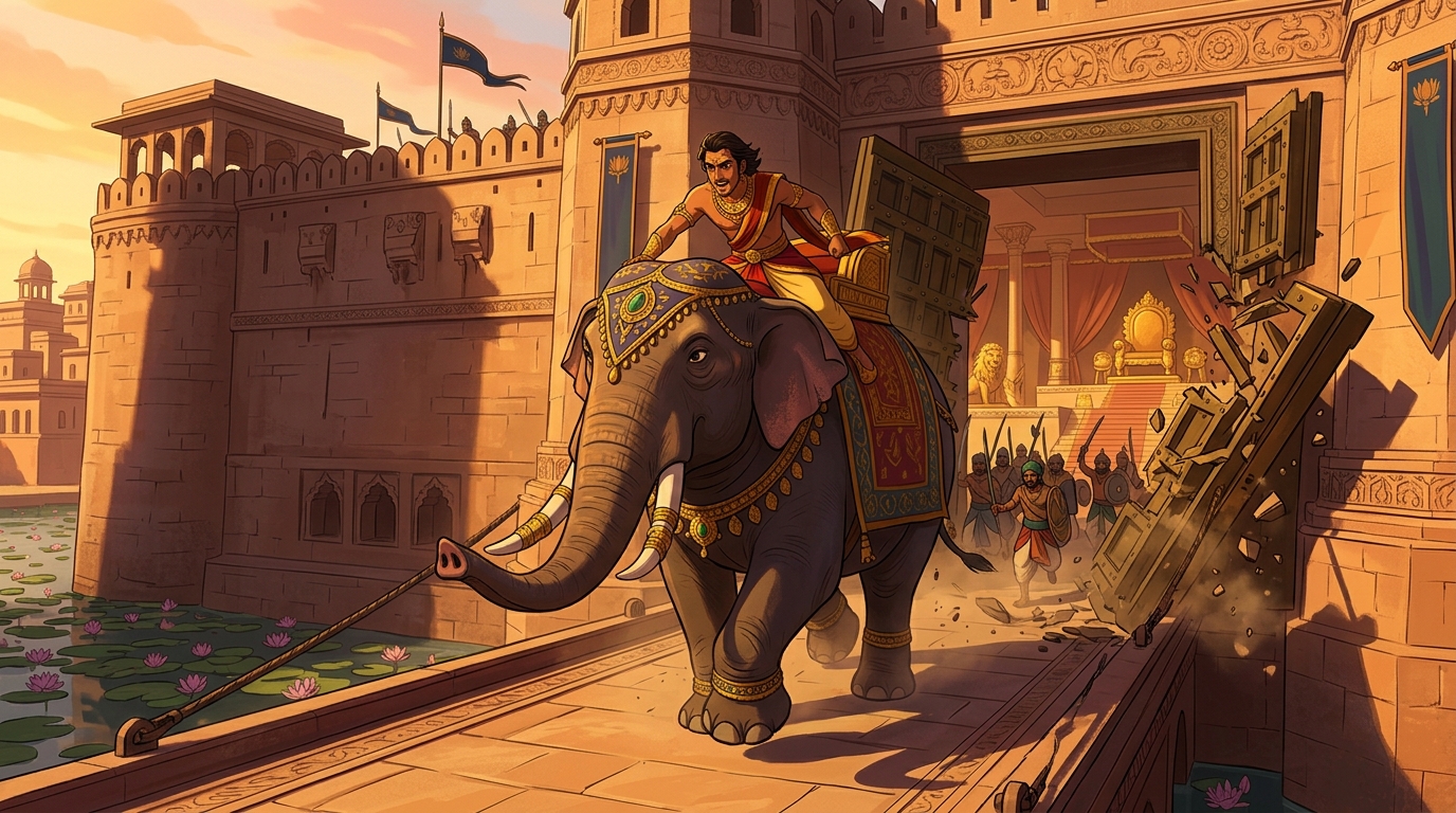 Elephant breakthrough: Prince Mantragupta atop tusker Airavatavarma charges across drawbridge battering gates
