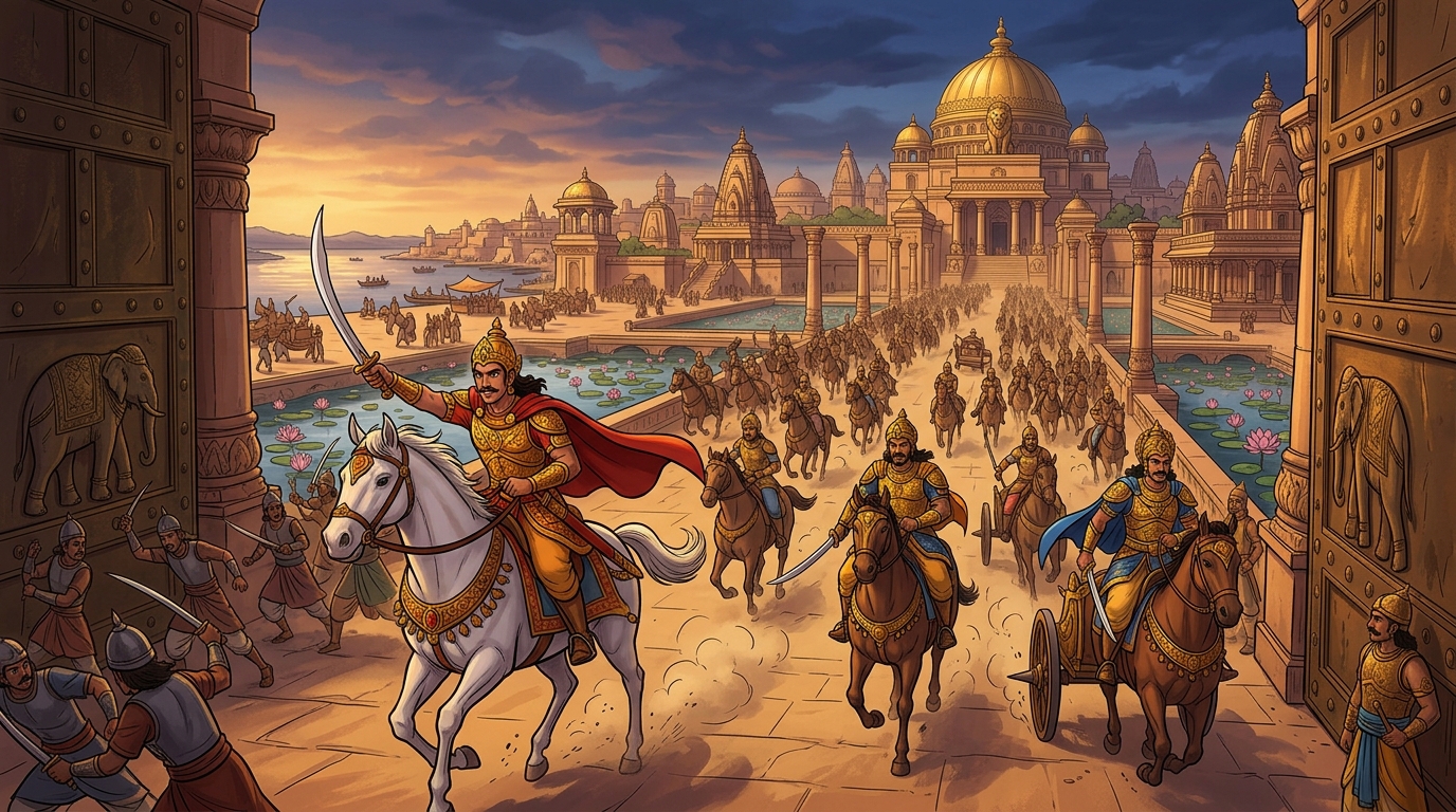 Cavalry charge: Princes Pramati, Vishruta, and Upaharavarman lead war chariots charging into city avenues