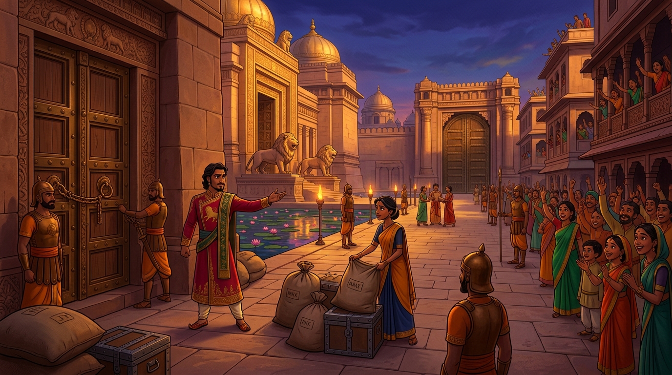 Prince Pushpodbhava and Somadatta securing city granaries preventing looting as citizens cheer