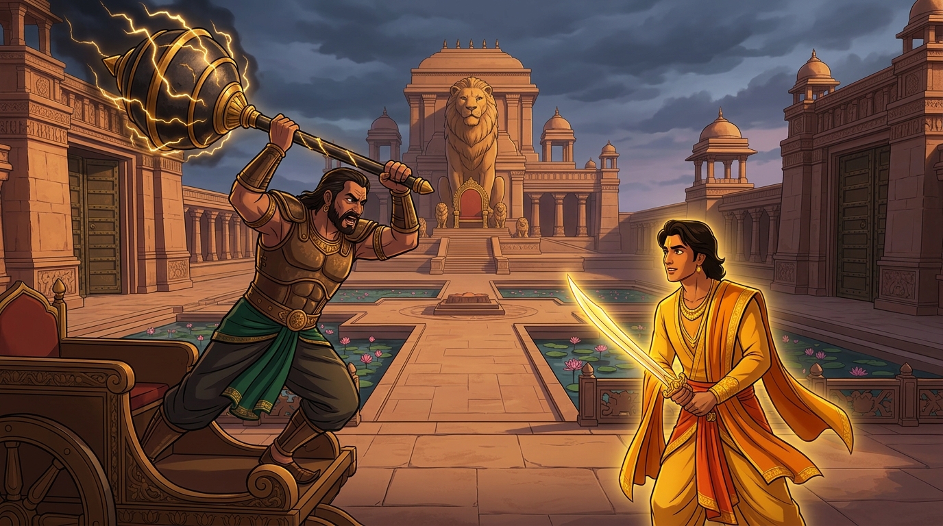 Central palace plaza: King Manasara raises the colossal Shiva-given mace crackling with divine lightning