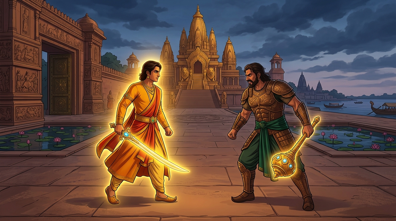 Crown Prince Rajavahana steps forward alone with drawn sword the glowing Chintamani jewel illuminating plaza