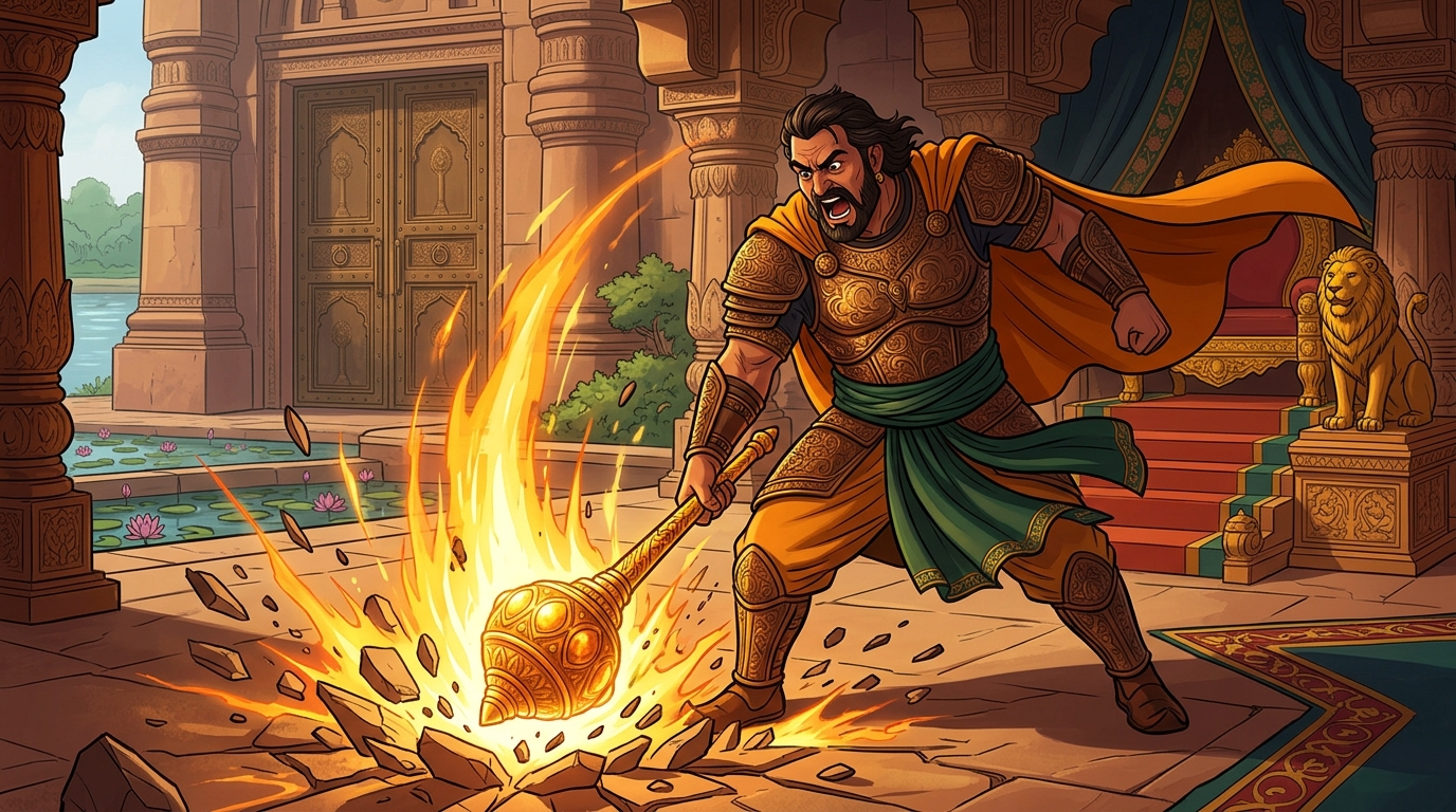 Manasara roars bringing divine mace crashing down with cataclysmic shockwave of golden fire