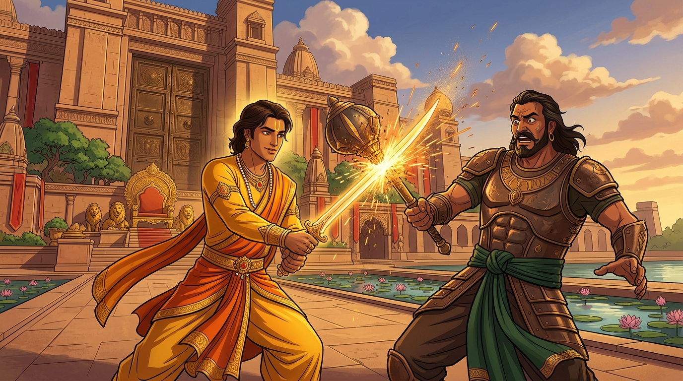 Action climax: Rajavahana parries blow with Chintamani blade slicing through mace shattering it to sparks