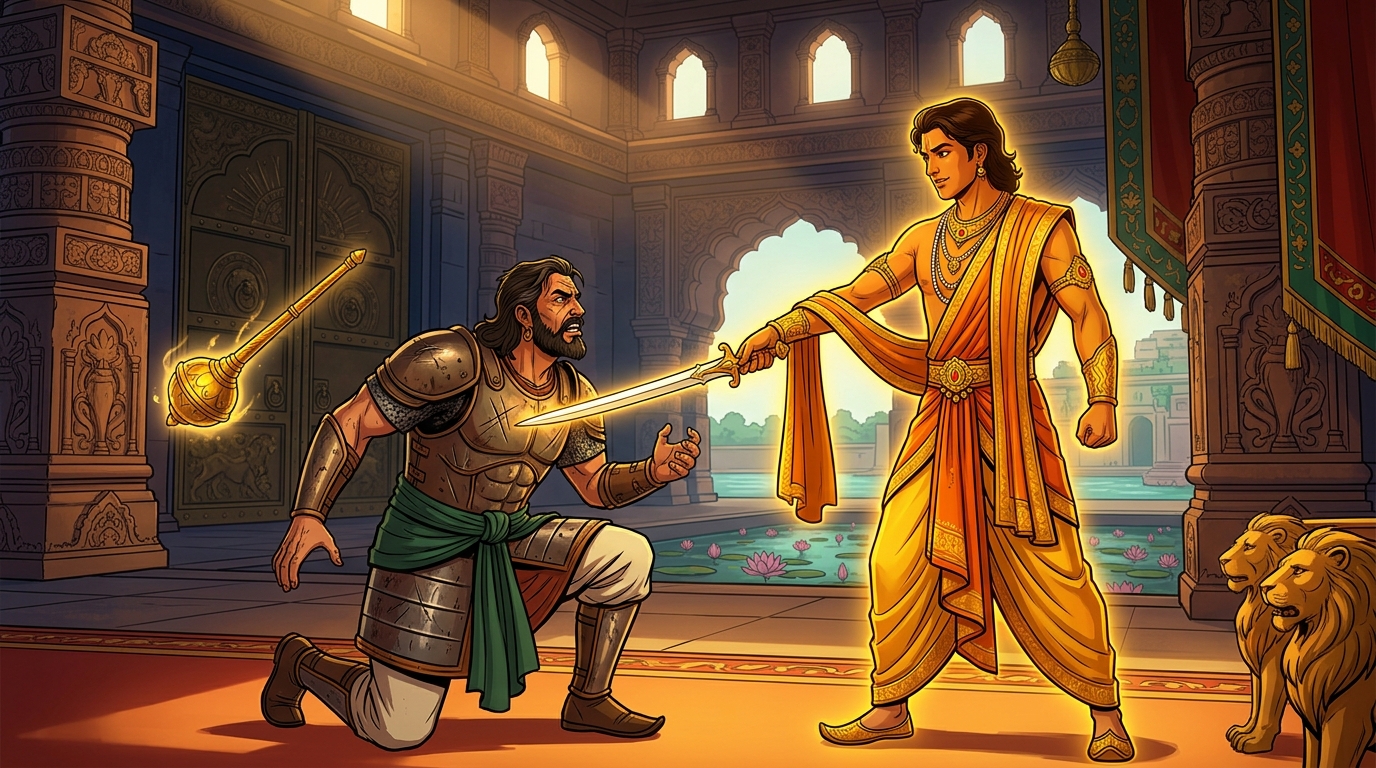 Final disarm: In circular sweep Rajavahana disarms Manasara holding blade tip at defeated monarch chest