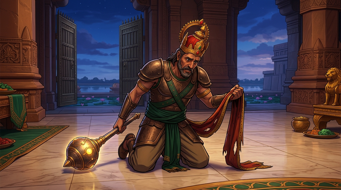 King Manasara collapses to knees yielding crown and sash in utter defeat and awe