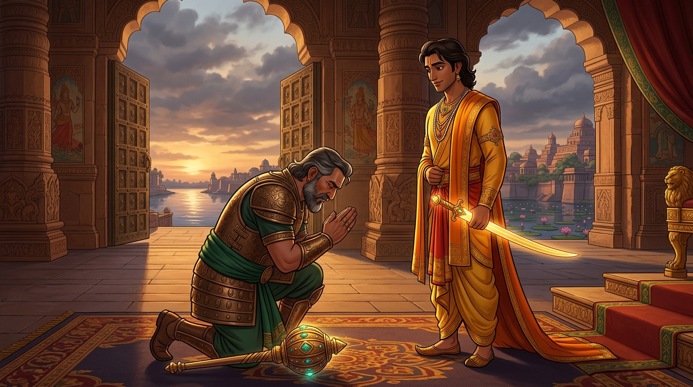 Repentance: King Manasara bows with folded hands before young prince surrendering all claims to Magadha