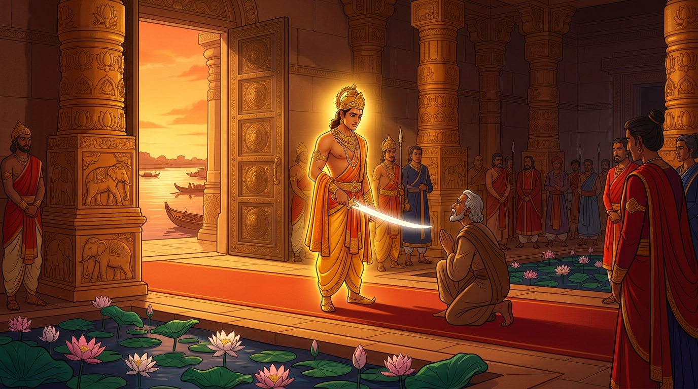 Magnanimous mercy: Rajavahana spares Manasara granting safe passage to an ashram