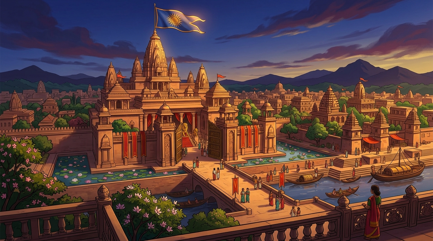 The royal banner of Magadha golden sun crest is raised atop highest spire of Pushpapuri palace