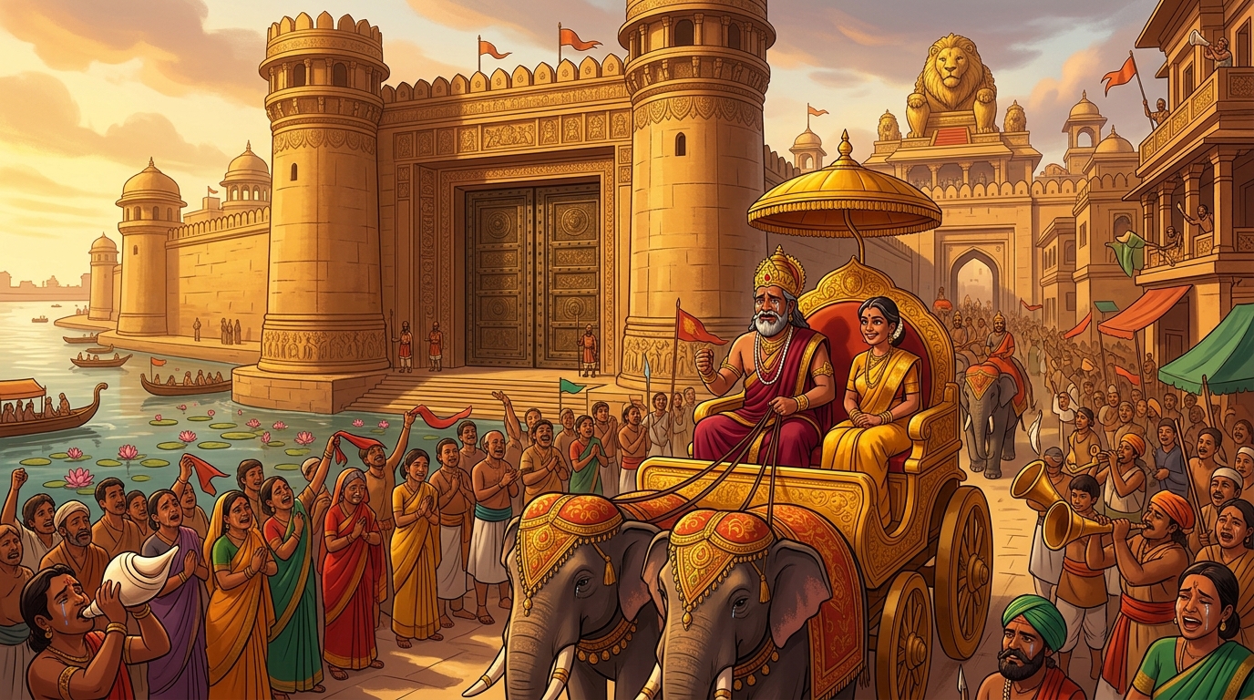 Grand royal procession: King Rajahamsa and Queen Vasumati enter Pushpapuri in golden chariot amidst conches