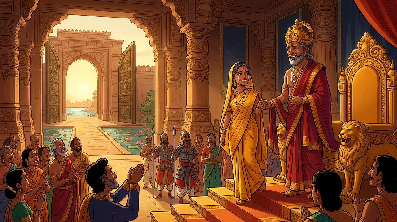 In grand assembly hall: King Rajahamsa and Queen Vasumati re-ascend ancestral golden lion throne
