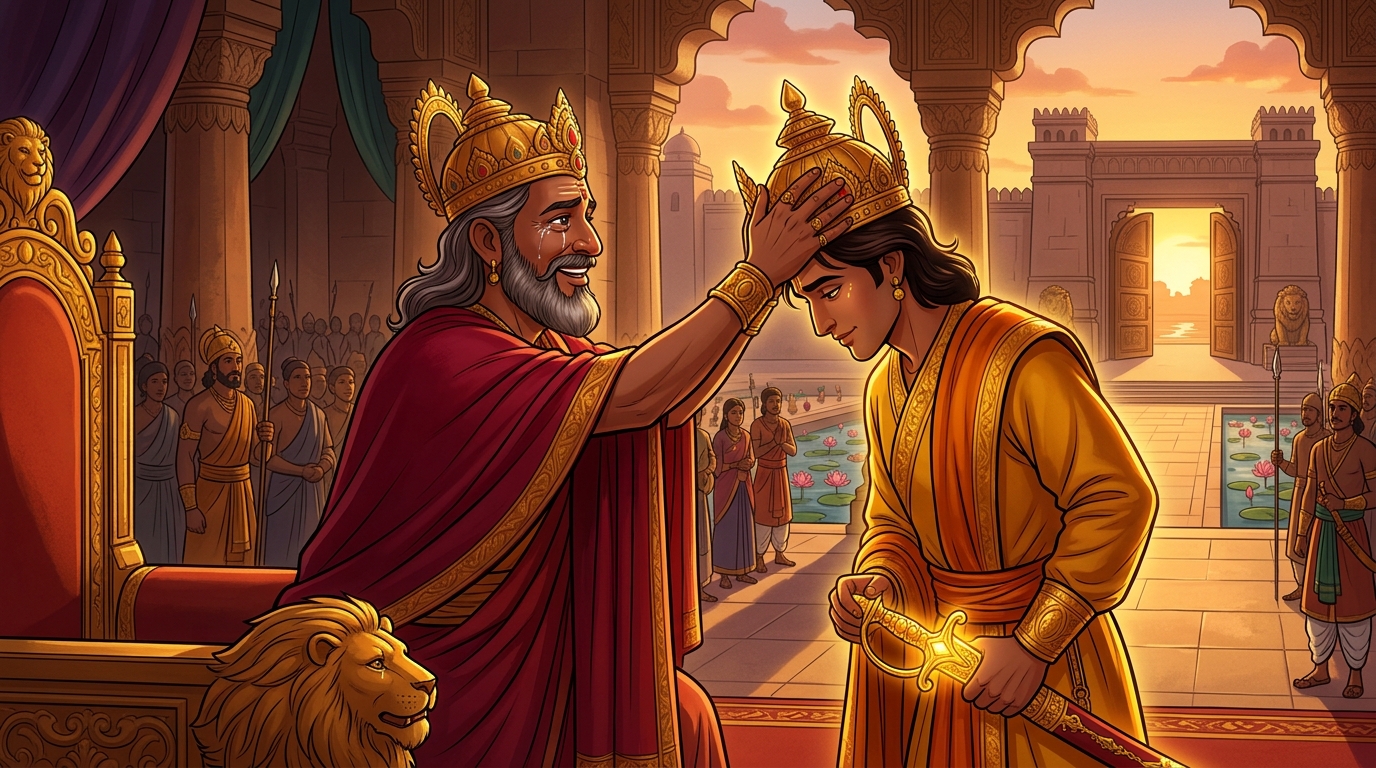 Imperial Investiture: King Rajahamsa places imperial Chakravartin crown upon Crown Prince Rajavahana