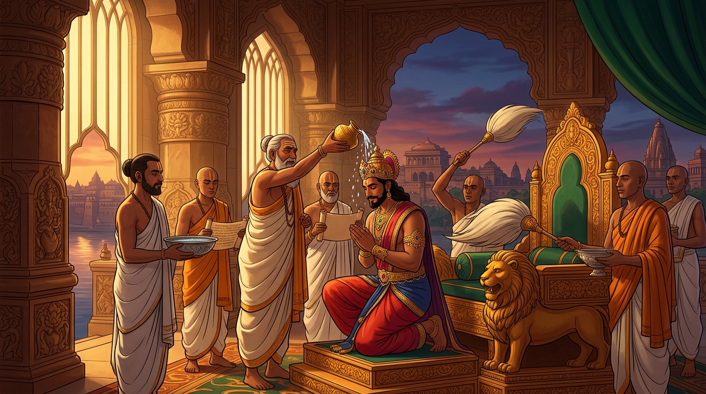 High priests chant Rigvedic Rajasuya mantras anointing Emperor Rajavahana with holy waters