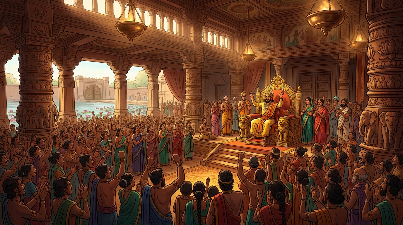 The entire palace hall erupts in standing ovation hailing Chakravartin Emperor Rajavahana