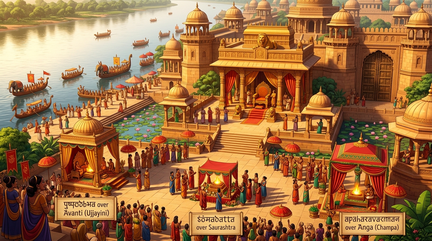 Consecrating Pushpodbhava over Avanti, Somadatta over Saurashtra, and Apaharavarman over Anga