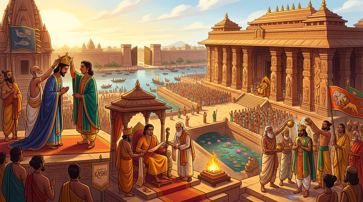 Consecrating Upaharavarman over Videha, Arthapala over Kashi, and Pramati over Kosala