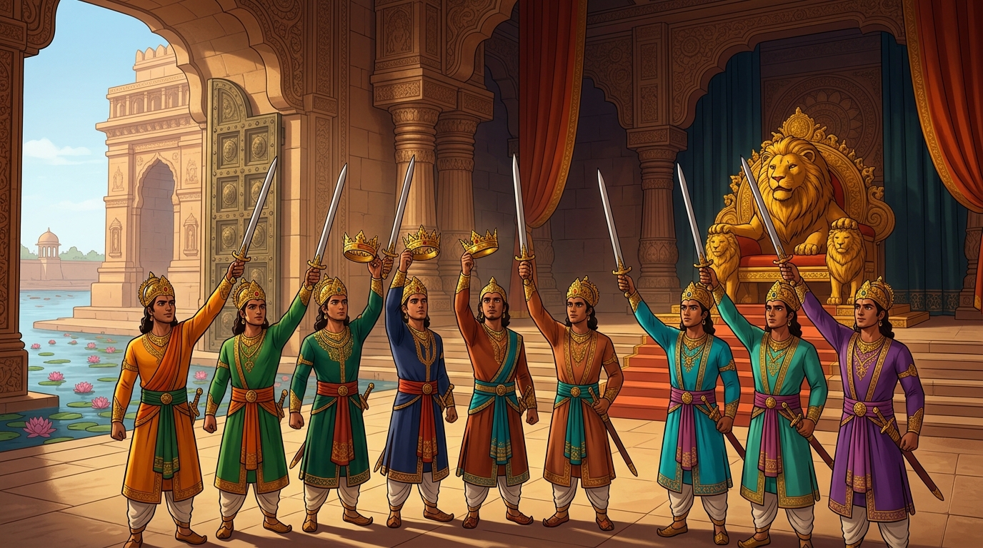 Universal brotherhood: All ten companion princes raise golden crowns and swords before the throne