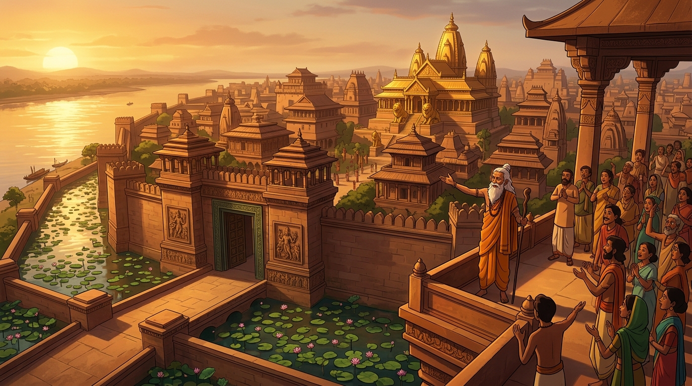 Breathtaking final wide shot: Golden capital of Pushpapuri glows at sunset under blessings of Sage Vamadeva