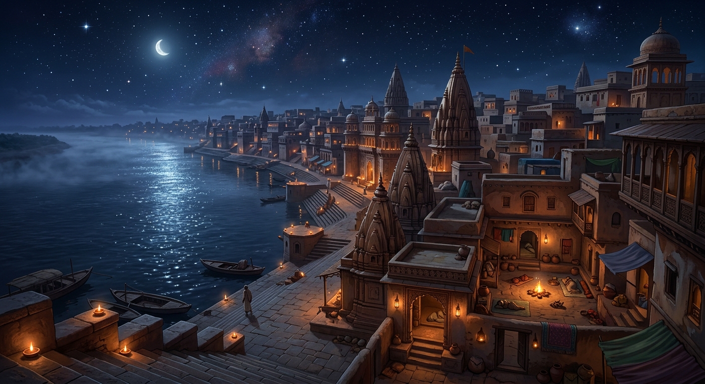 Midnight over 15th-century Varanasi with the sacred River Ganga shimmering under stars