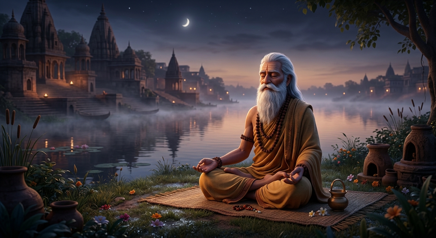 Sage Ashtanand in deep meditation on the grassy banks of Lahartara Lake