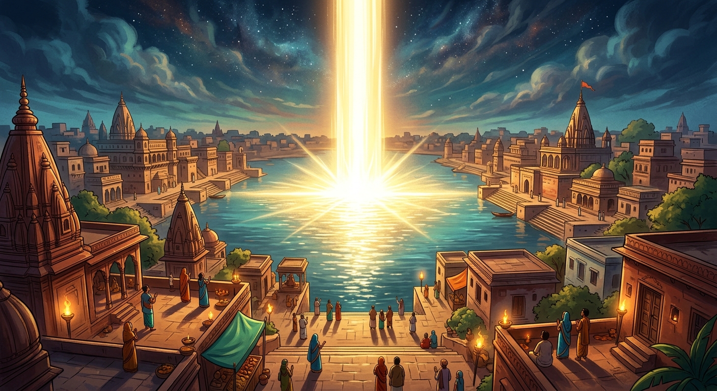 A blinding pillar of golden-white celestial light descending straight from Satlok upon the lake