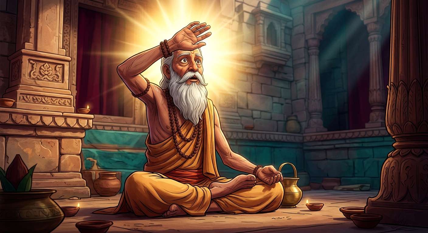 Sage Ashtanand shielding his eyes from the blinding divine radiance in utter astonishment