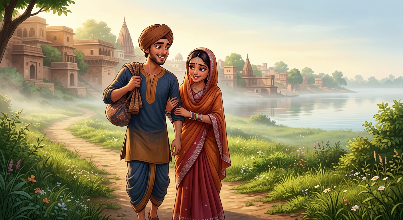 Newlywed 20yo Neeru and 19yo Neema traveling on the path toward Kashi in morning mist after their Gauna ceremony