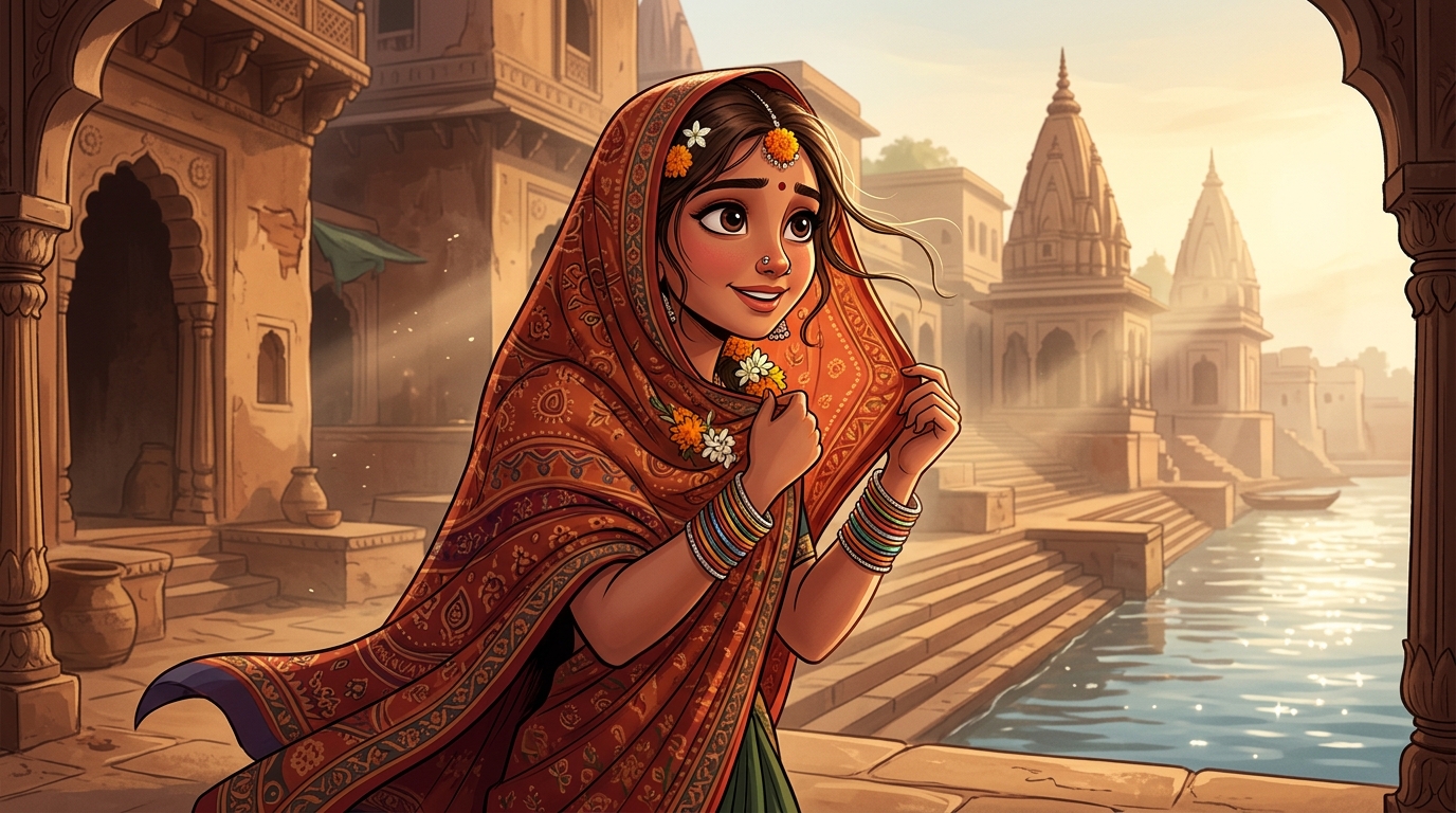 Neema feeling the heat of travel, walking gracefully beside her young husband Neeru