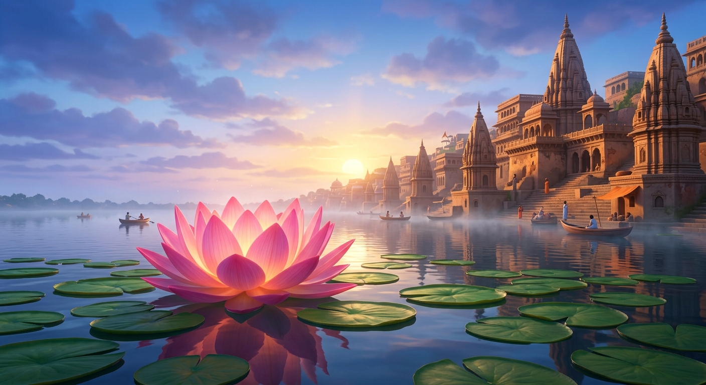 A giant hundred-petaled glowing pink lotus blossoming in the center of Lahartara Lake