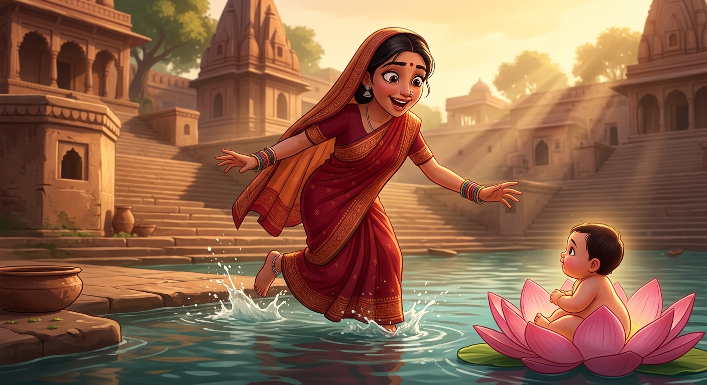 Young bride Neema dropping her earthen pot in pure motherly ecstasy and rushing into the water