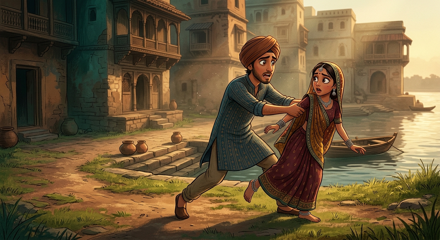 Young husband Neeru violently grabbing Neema's arm, pulling her back to the muddy bank in panic
