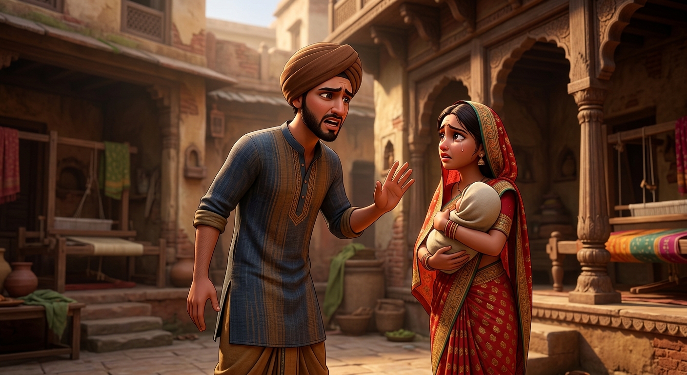 Young Neeru shouting in fear and anxiety about societal scandal and bringing a baby with a new bride