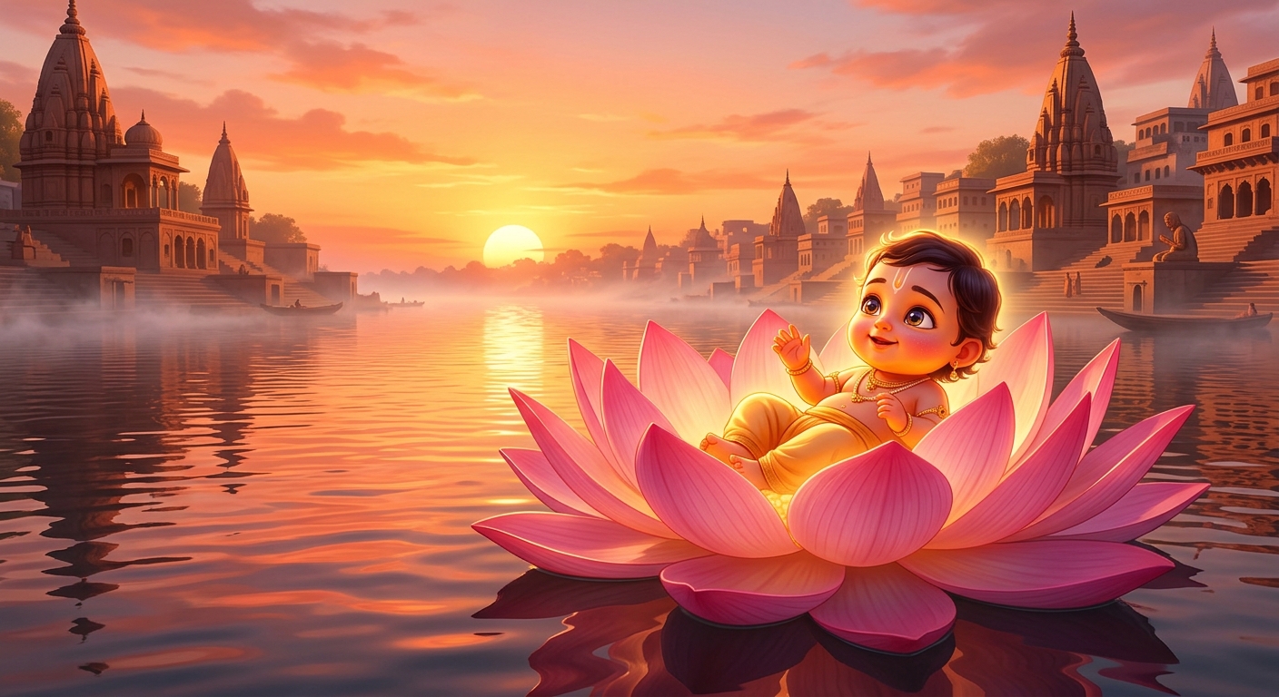 The tiny newborn infant Kabir on the lotus turning his head and speaking in clear melodious voice