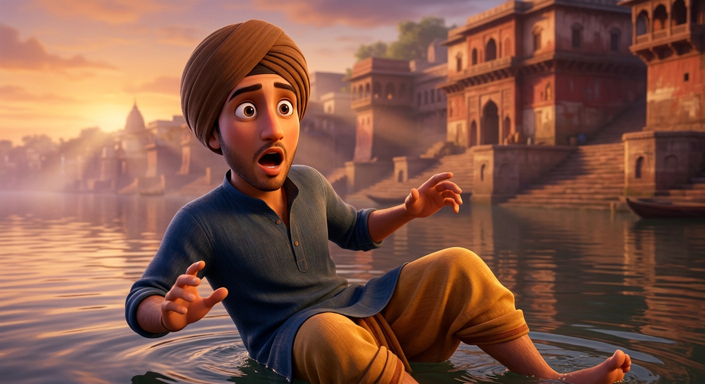 Young 20yo Neeru stumbling backward in the water in absolute shock and disbelief